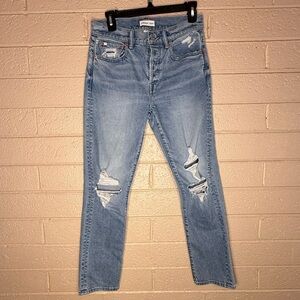 AE77 Blue Straight Leg Jeans with Trendy Distressing